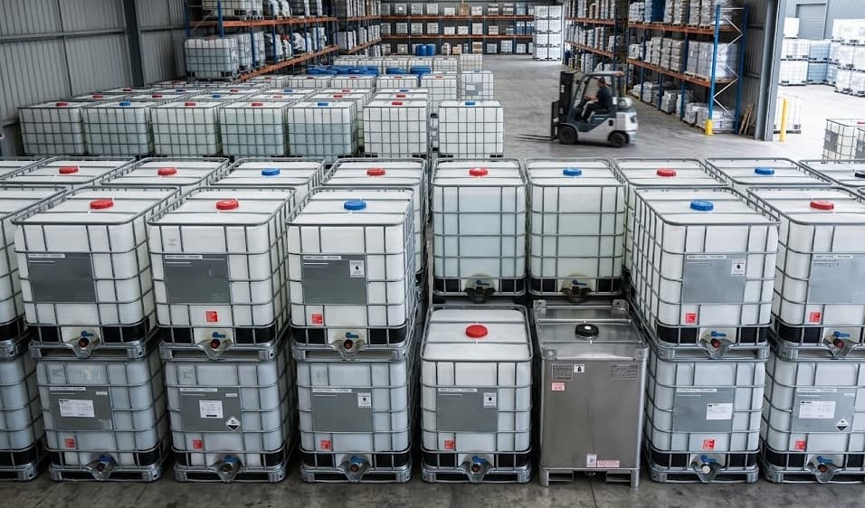 IBC tanks stacked in warehouse with forklift